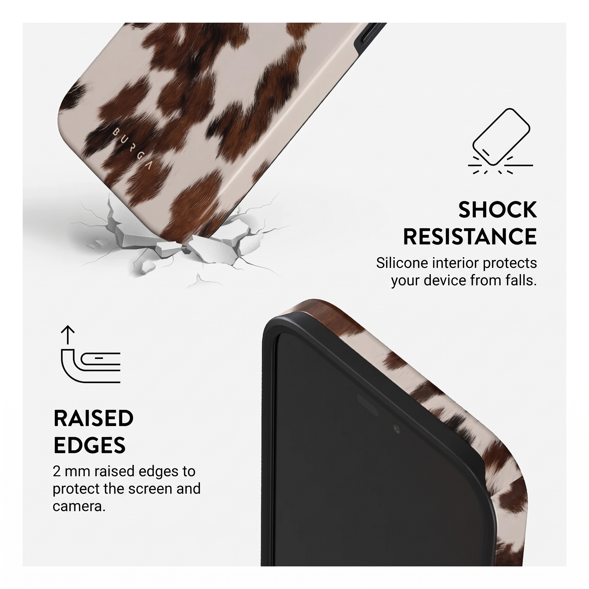 Coque de téléphone motif vache montrant résistance aux chocs et bords surélevés pour protection.