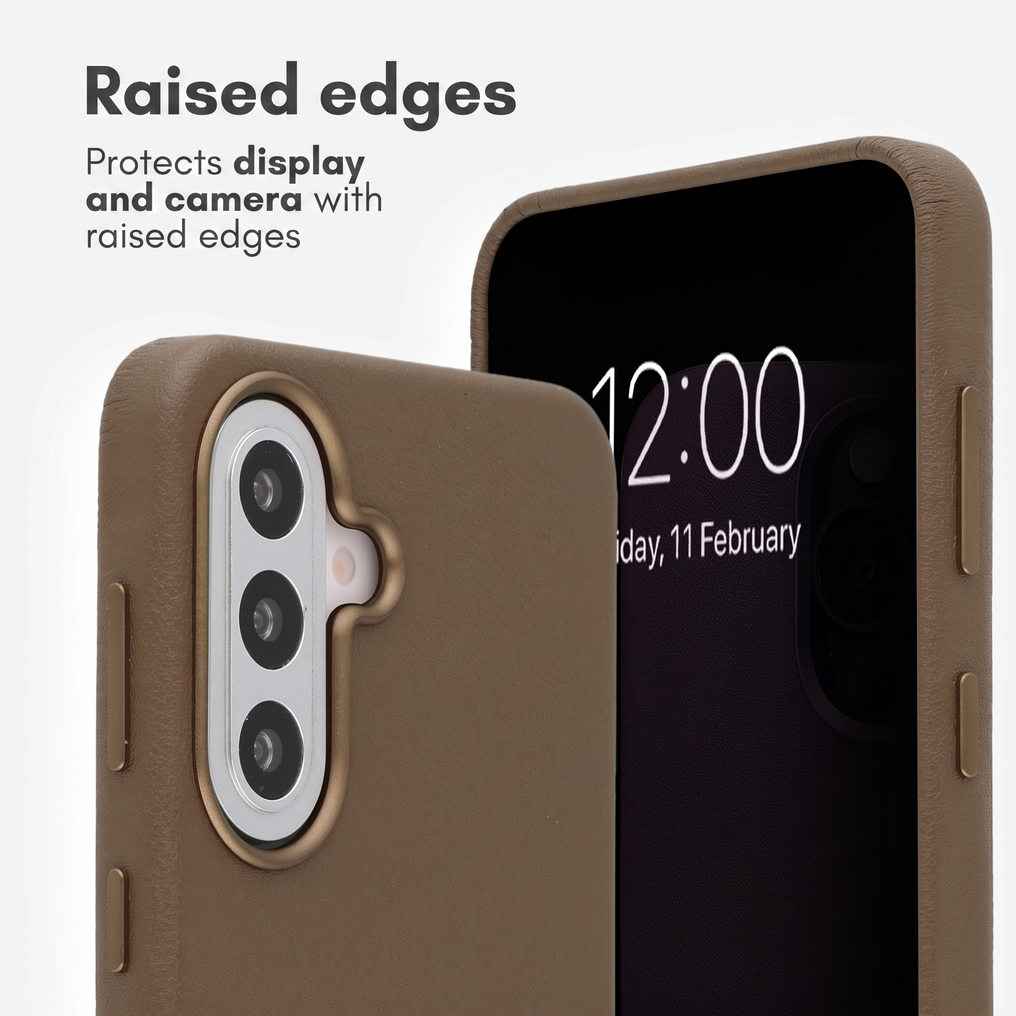 Funda de teléfono marrón con bordes elevados que protege la cámara y la pantalla.