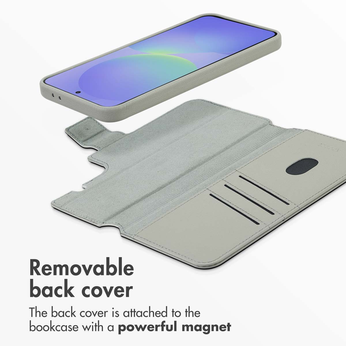 A light grey smartphone case with a removable back cover and magnetic wallet slots on a white background.
