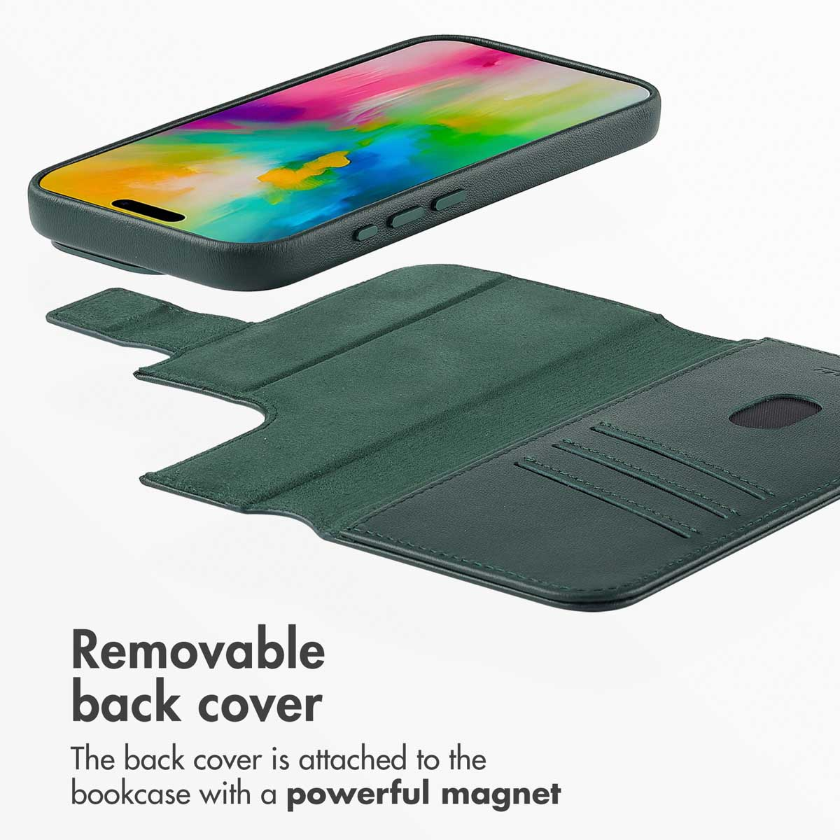 Ein Smartphone mit buntem Bildschirm und einer dunkelgrünen Ledertasche mit abnehmbarer Rückseite.