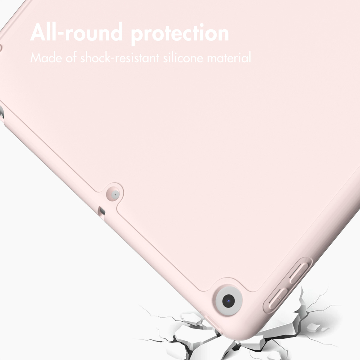 Pink tablet case over cracked white background with text All-round protection.