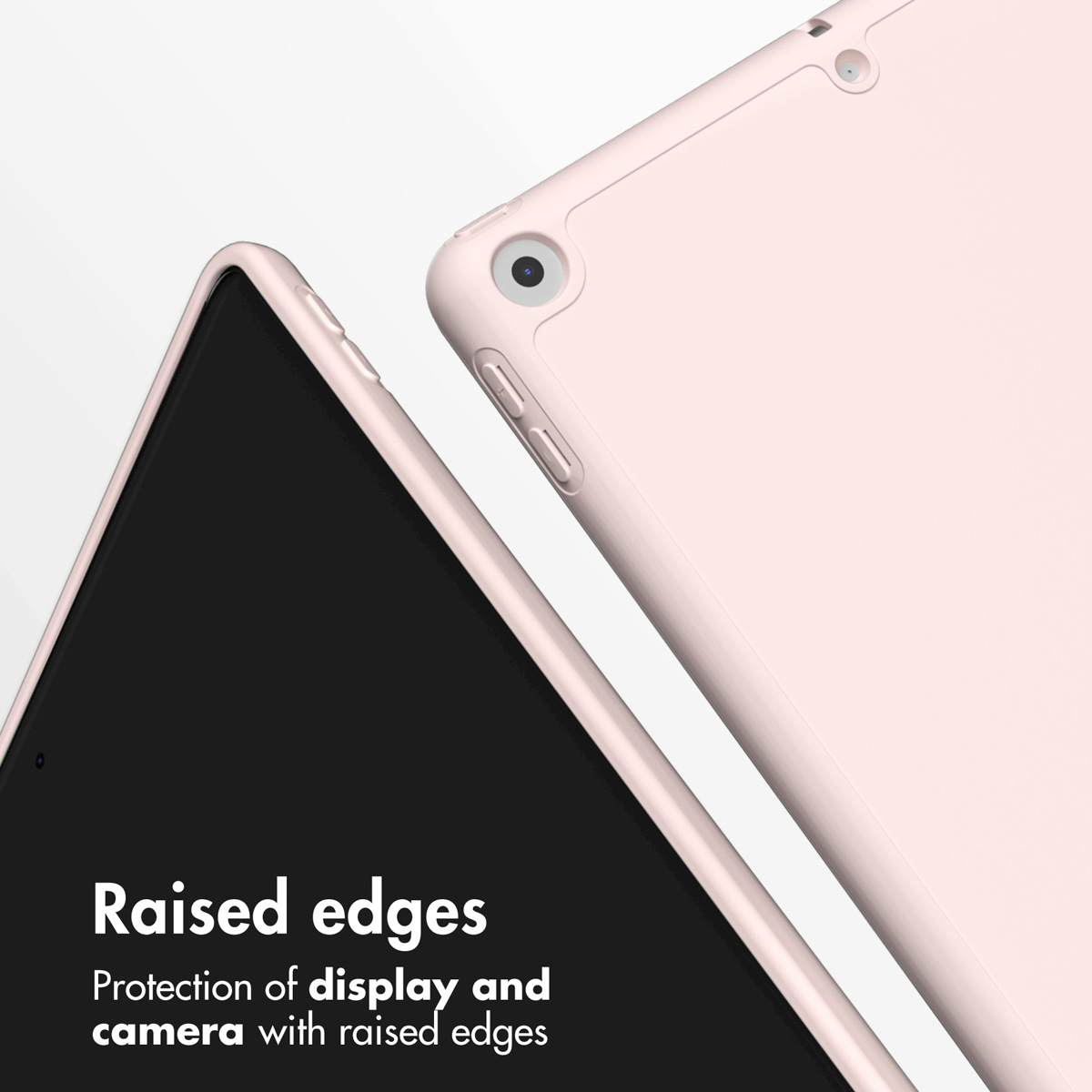 Close-up of a pink tablet highlighting raised edges for display and camera protection.