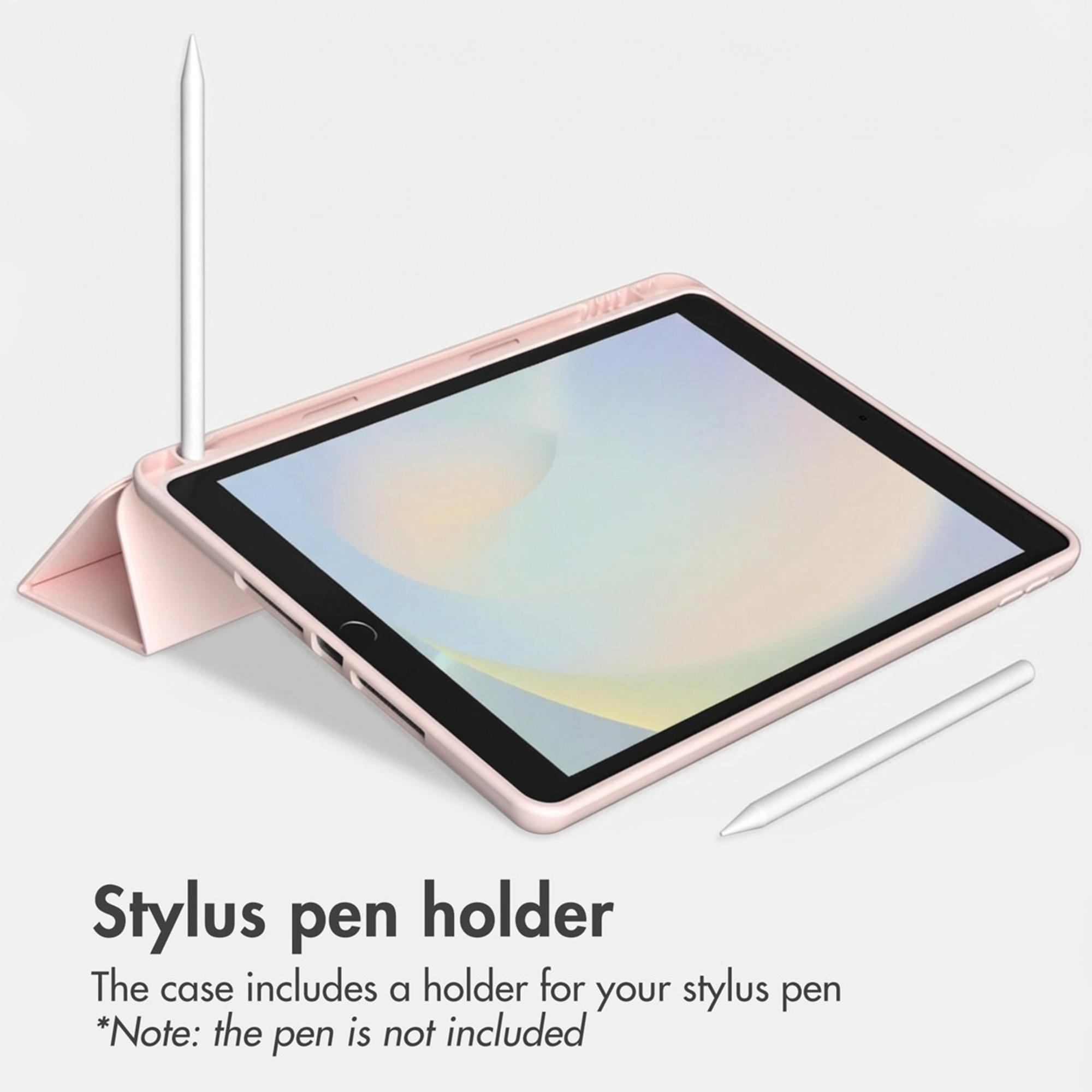 Pink tablet case featuring an integrated stylus holder against a white background.