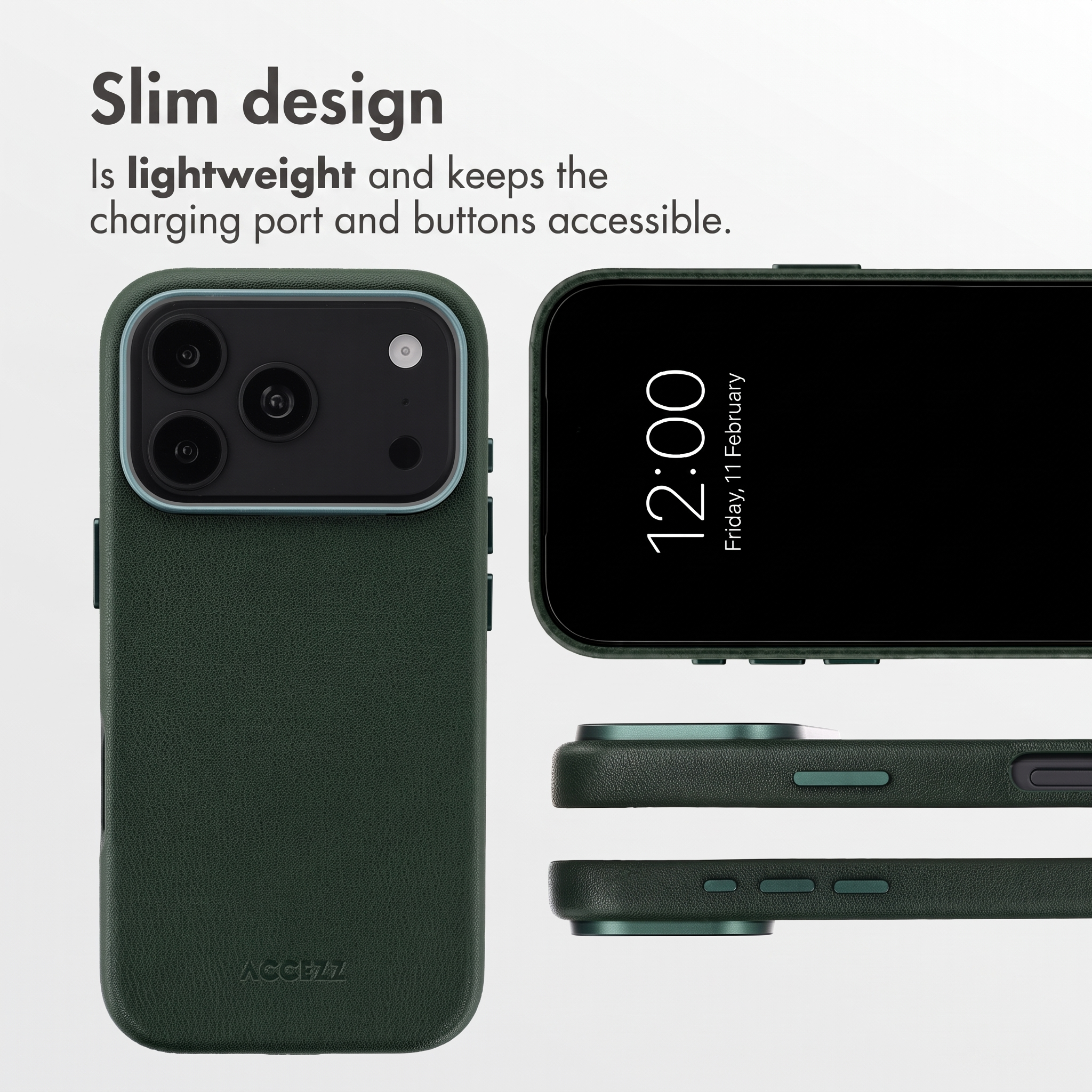 Custodia per smartphone verde scuro dal design leggero, che mostra retro, schermo e tasti laterali.