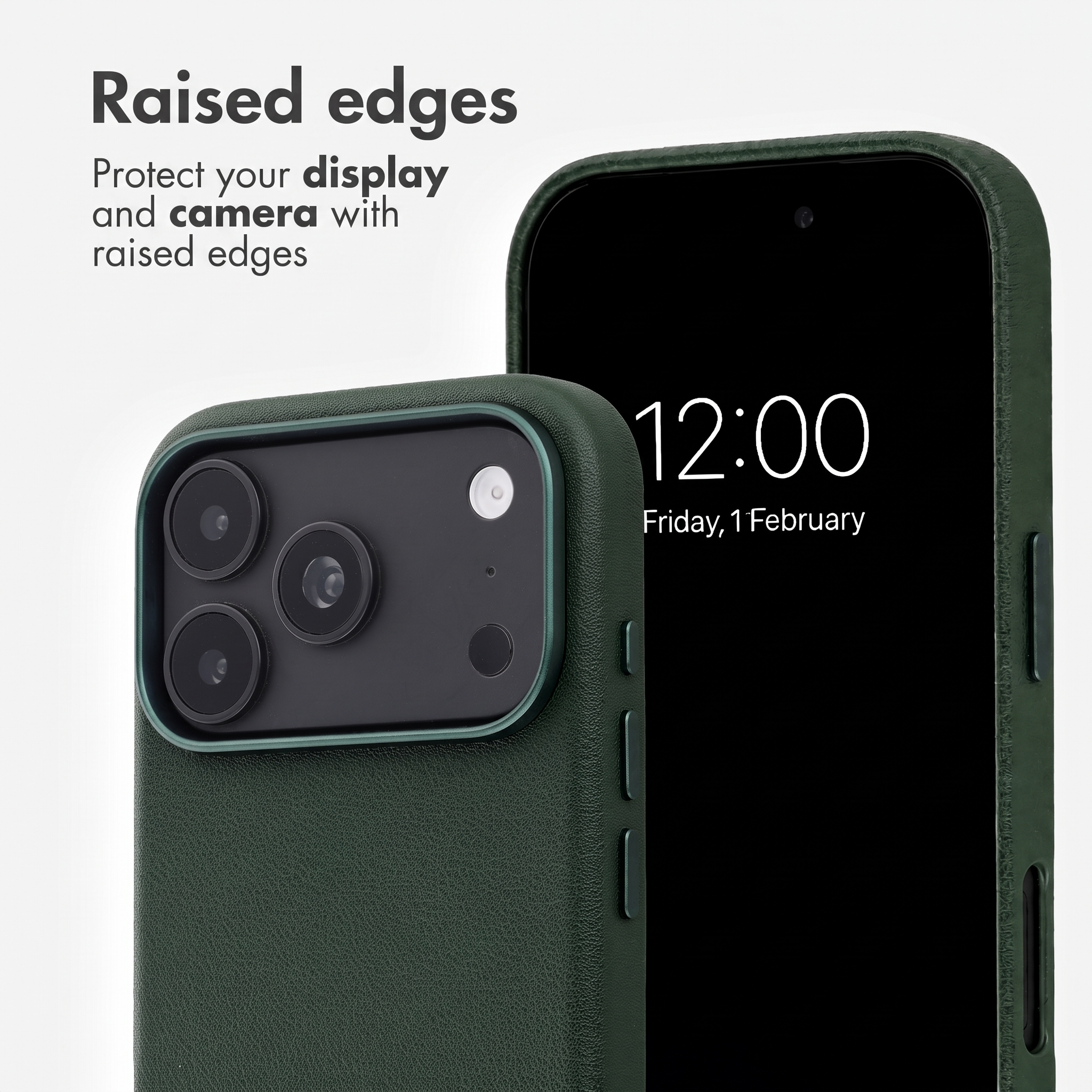 Custodia verde per telefono con bordi rialzati per proteggere display e fotocamera.