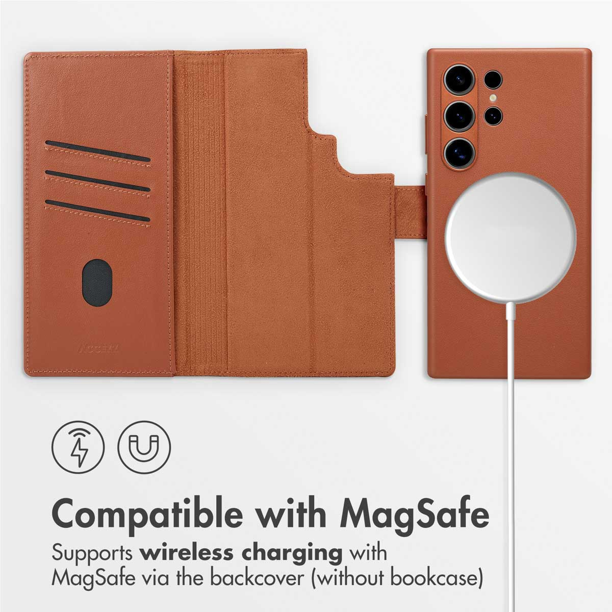 Coque de téléphone en cuir marron avec fentes pour cartes et dos MagSafe.
