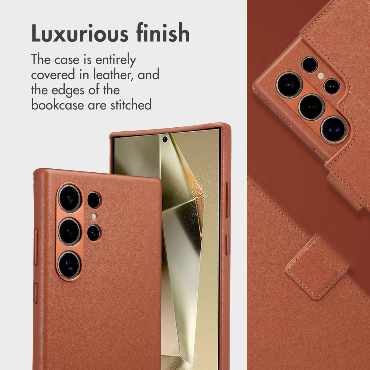 Coque de smartphone en cuir marron avec bords cousus et découpes pour appareil photo.
