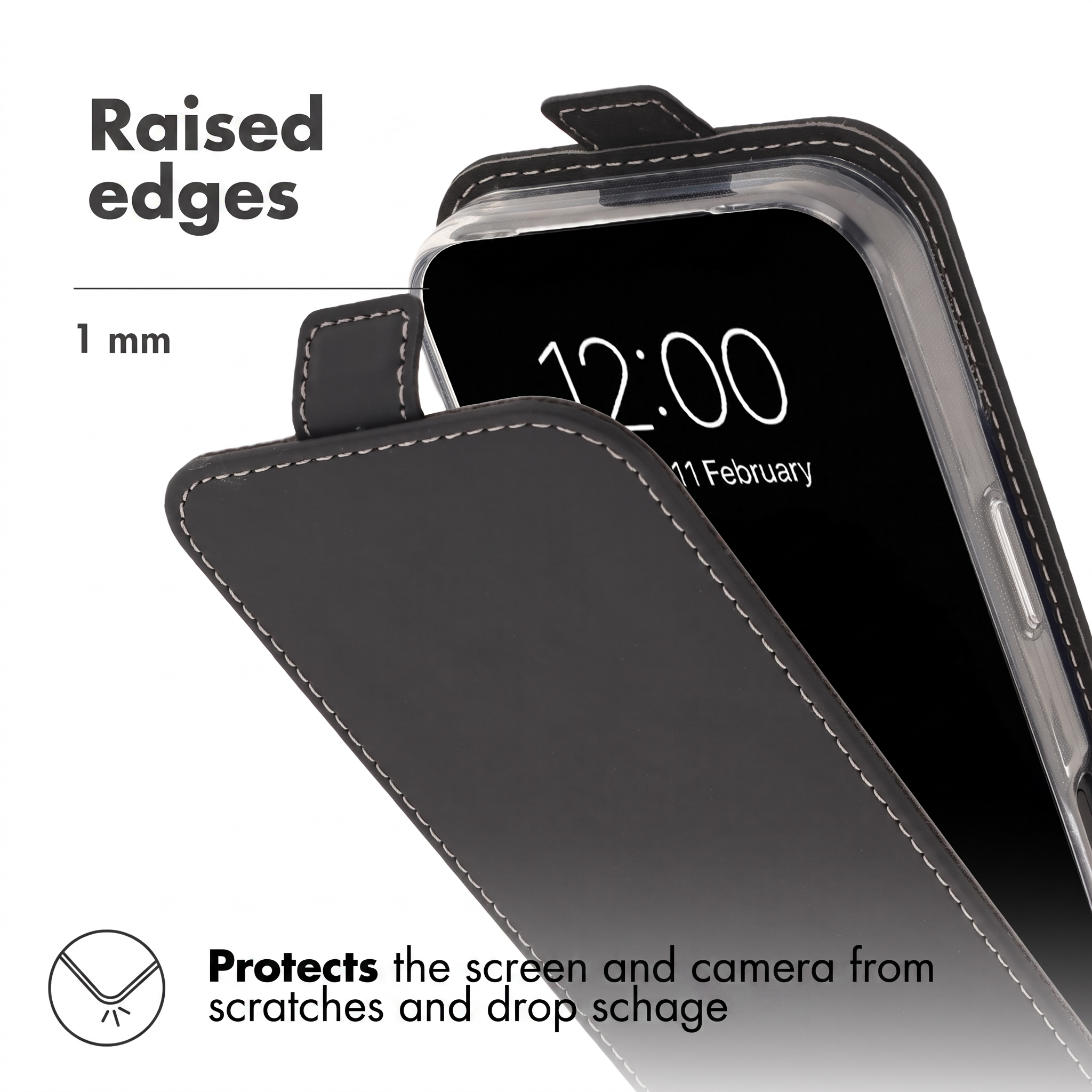 Schwarze Smartphone-Ledertasche mit Klappe, erhöhten Kanten und weißen Nähten, zeigt das Display mit Uhrzeit.