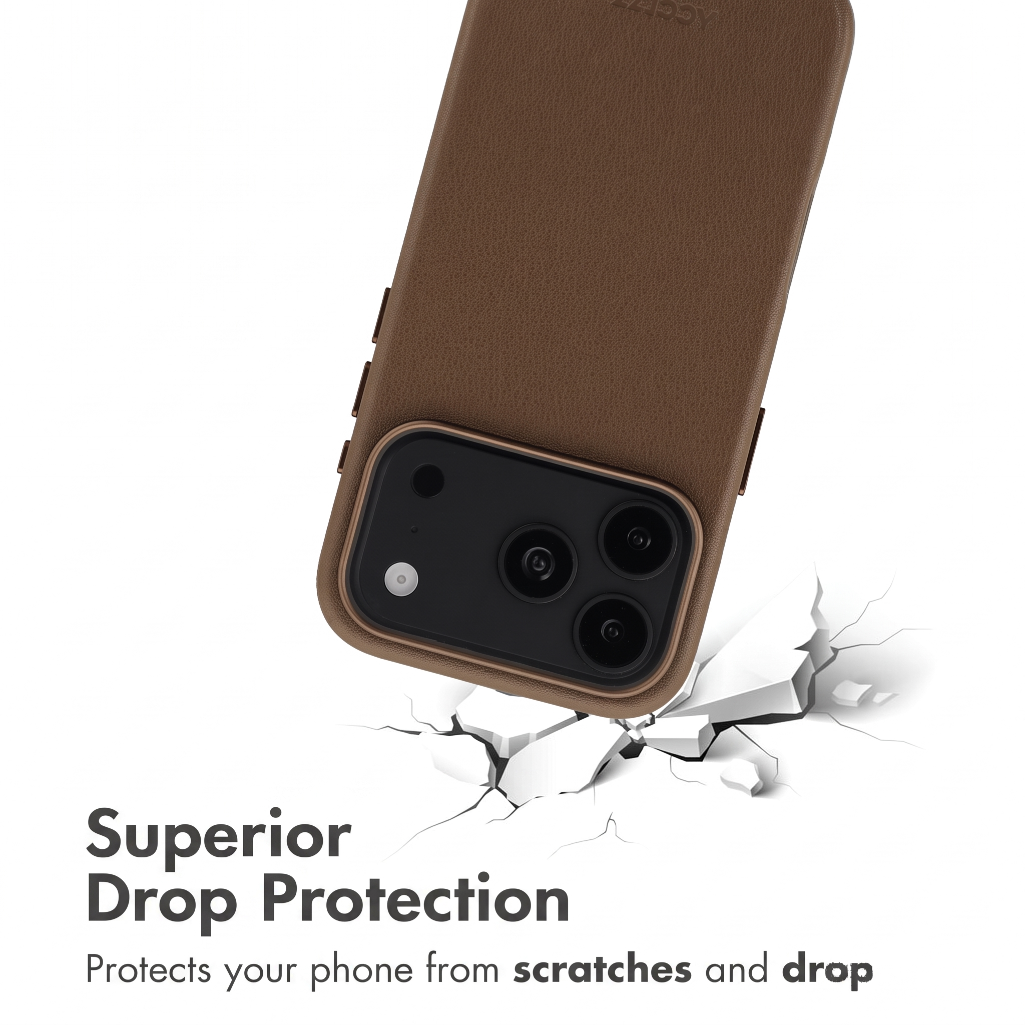 Custodia per telefono in pelle marrone su sfondo bianco screpolato, con testo 'Superior Drop Protection'.