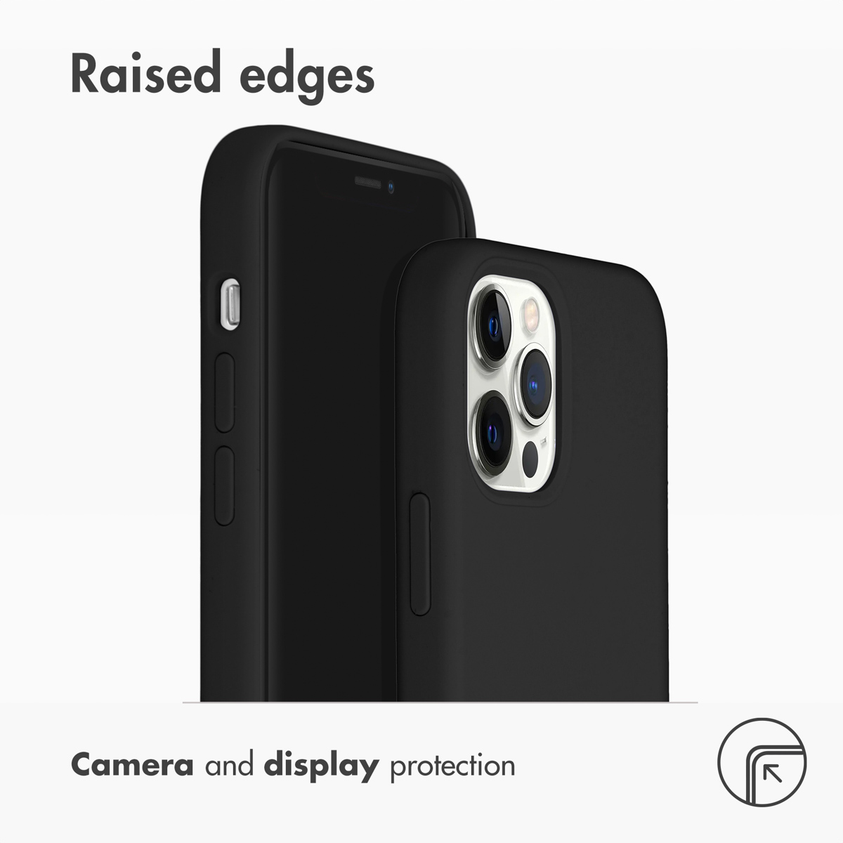 Dwa czarne etui na telefon pokazują podniesione krawędzie dla ochrony aparatu i ekranu.