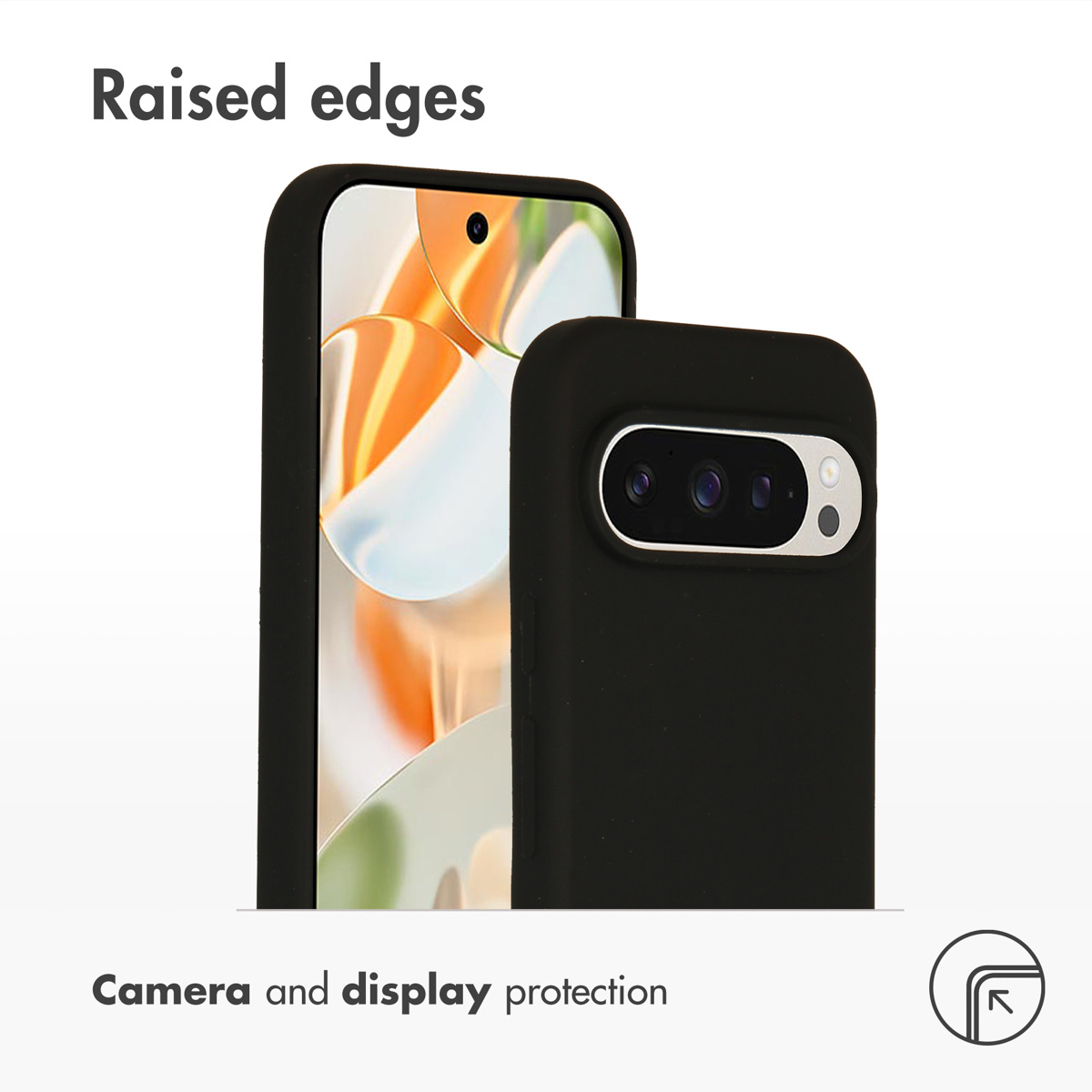 Custodia protettiva nera con bordi rialzati per fotocamera e display.