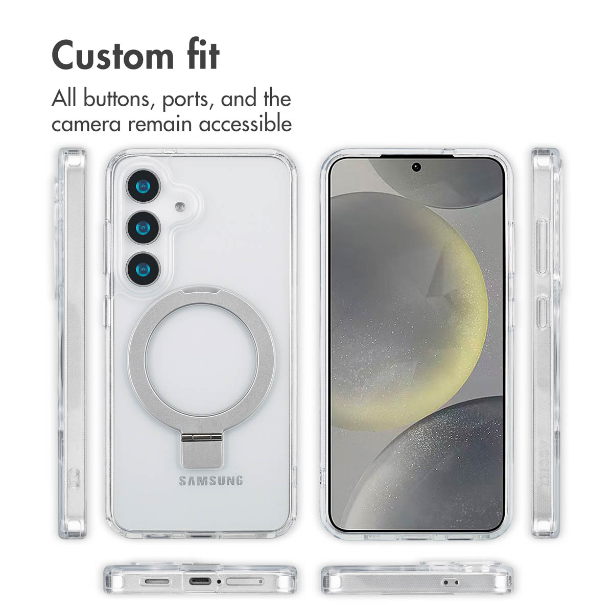 Custodia trasparente per Samsung con supporto ad anello, che mostra viste frontali, posteriori e laterali.