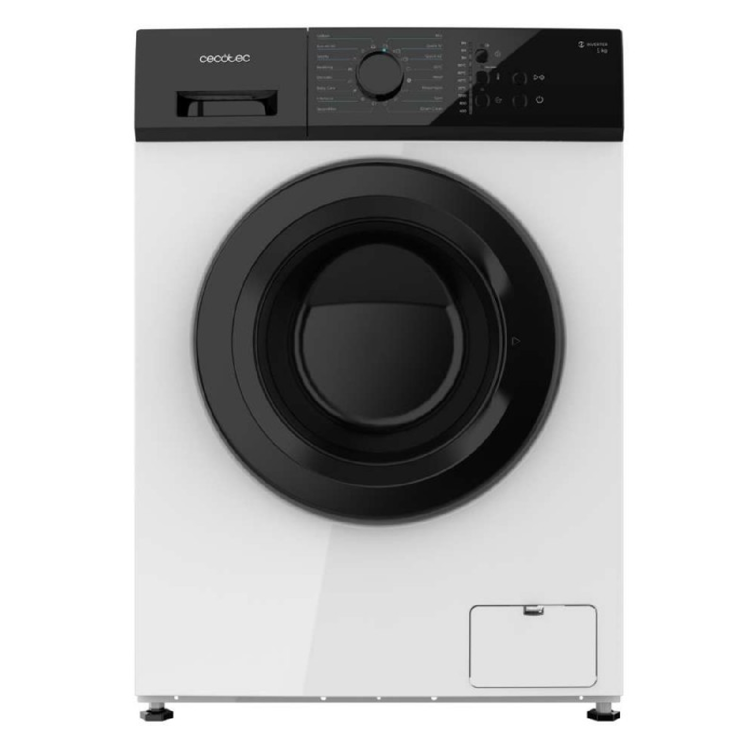 Una lavadora blanca con un panel de control negro y puerta de cristal negra.