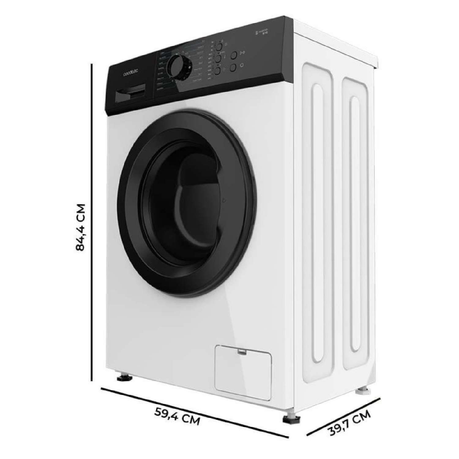 Lavadora blanca con panel negro, mostrando dimensiones de 84,4x59,4x39,7 cm.