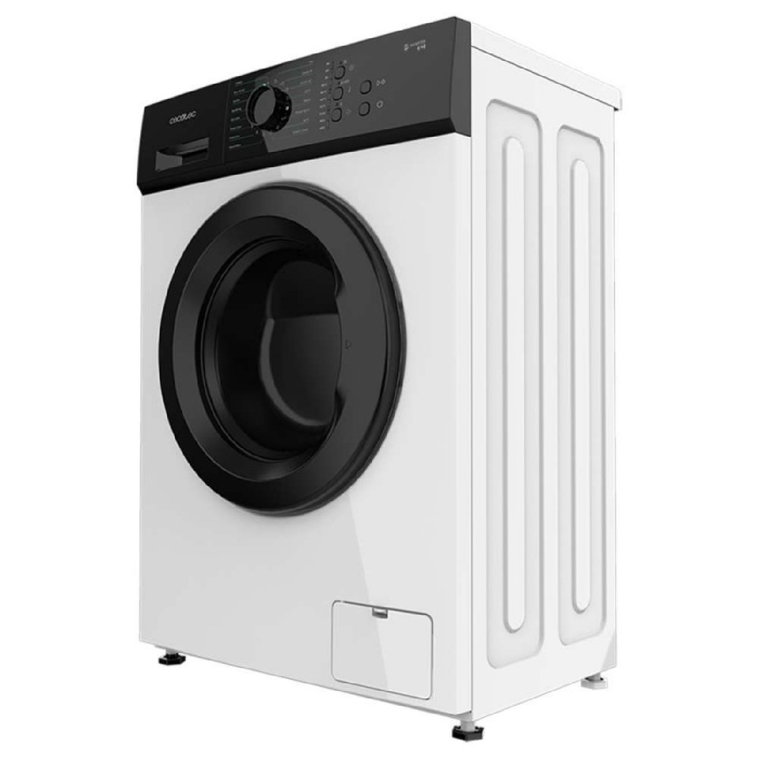 Una lavadora blanca con panel de control negro y puerta circular sobre fondo blanco.