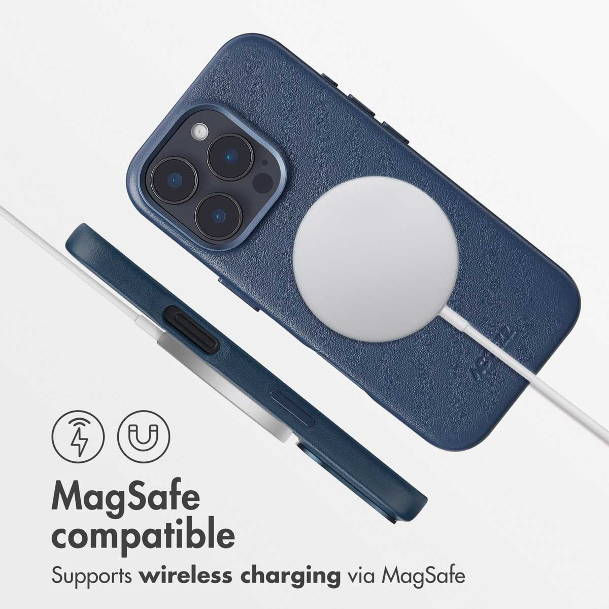 Coque de téléphone bleue sur fond blanc avec un chargeur MagSafe et du texte sur la charge sans fil.