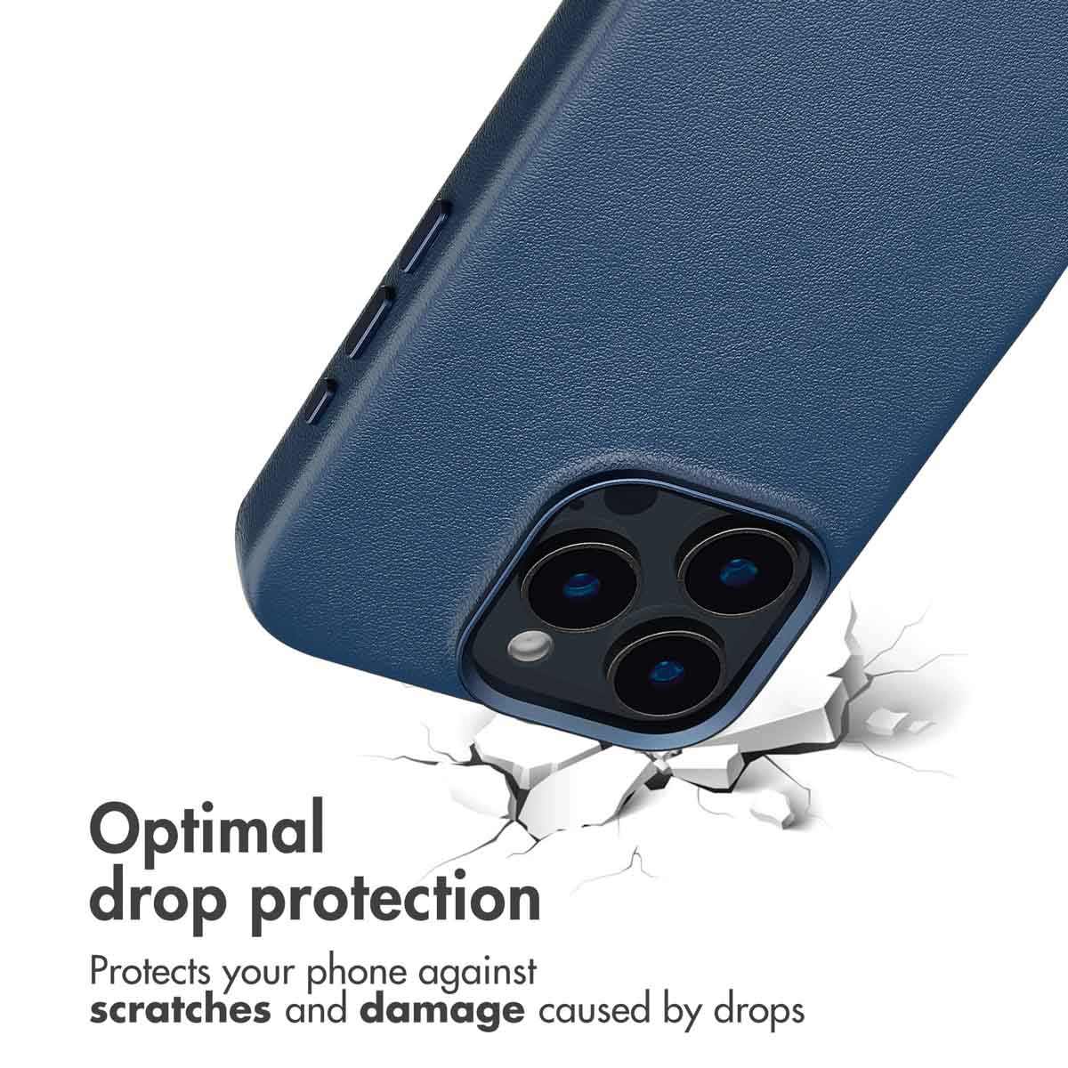 Coque de smartphone bleue sur fond blanc fissuré avec du texte de protection.
