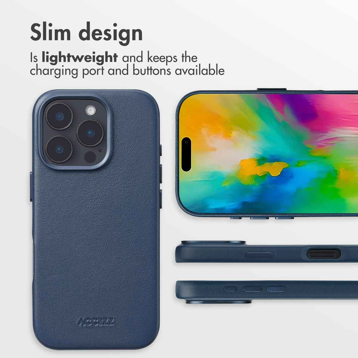 Coque de smartphone bleu foncé montrant les découpes pour la caméra, l'écran et les boutons.