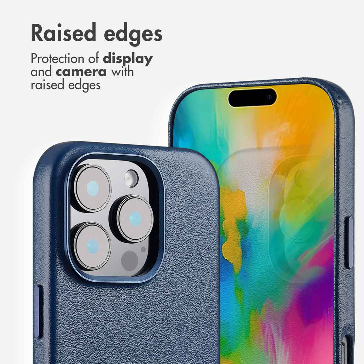 Coque de smartphone bleue avec bords surélevés pour protéger l'écran et l'appareil photo.