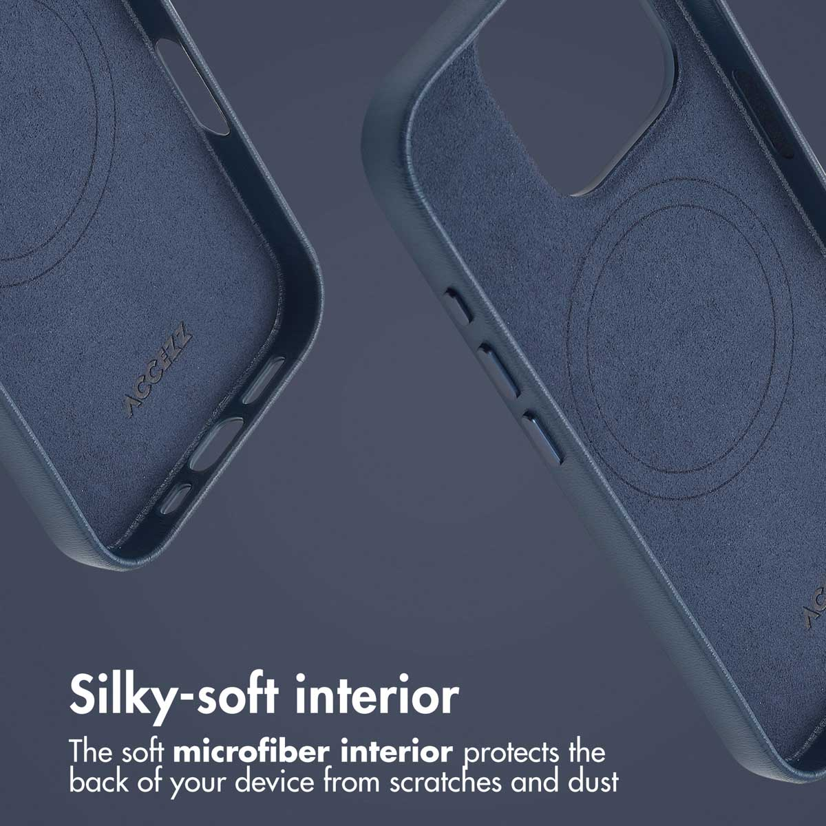 Deux coques de téléphone bleu foncé montrant des intérieurs en microfibre douce avec des cercles MagSafe et du texte.