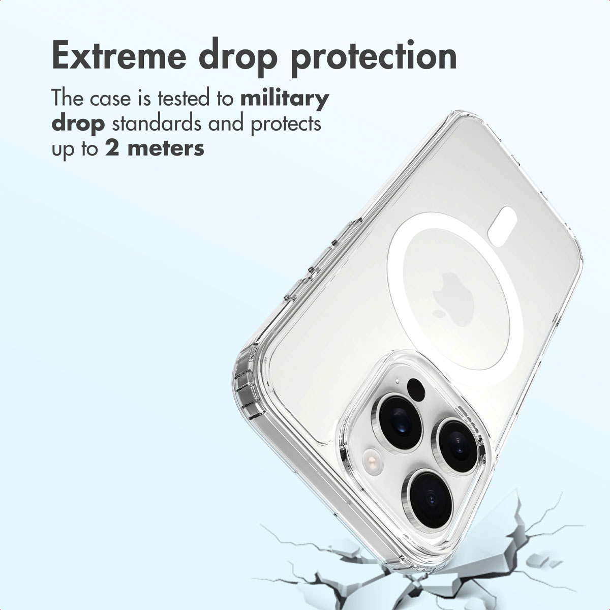 Funda transparente con anillo MagSafe y texto de protección contra caídas.