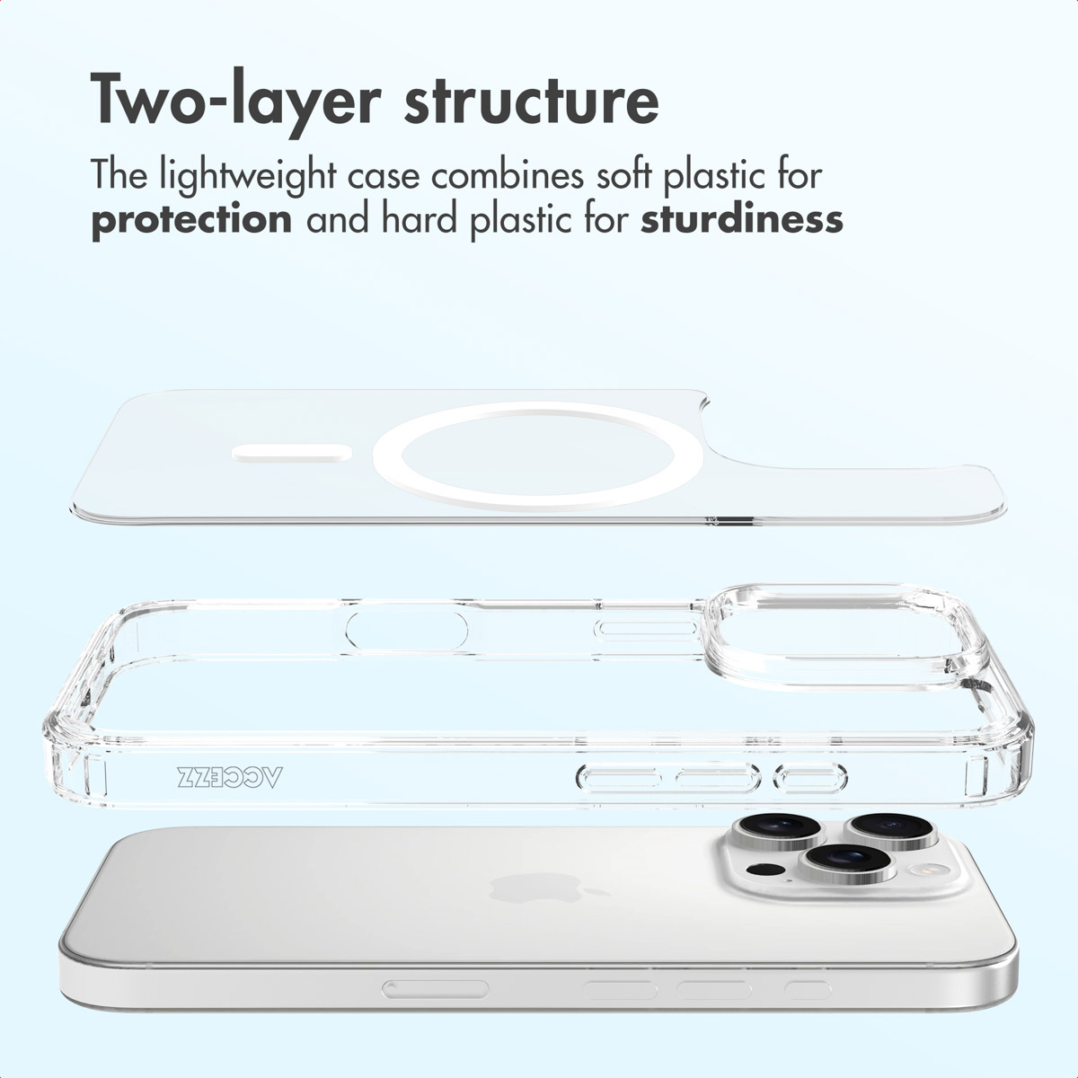 Una funda de móvil transparente de dos capas sobre un smartphone con texto arriba.