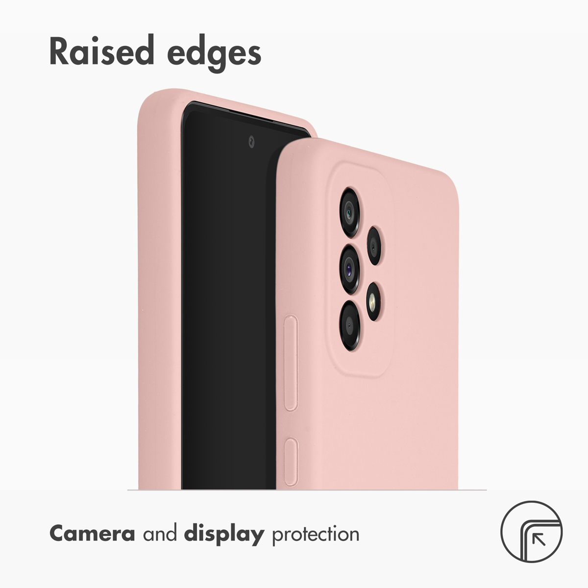 Coque de téléphone rose avec bords surélevés pour protéger l'appareil photo et l'écran sur fond blanc.