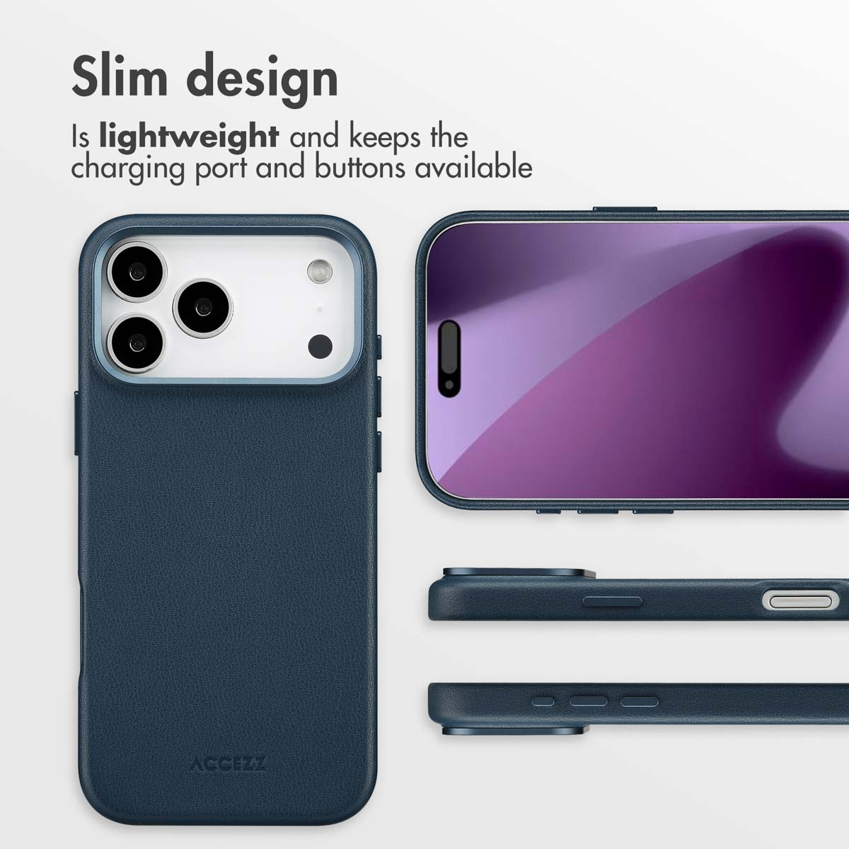 Coque de téléphone bleu foncé avec découpes pour la caméra.