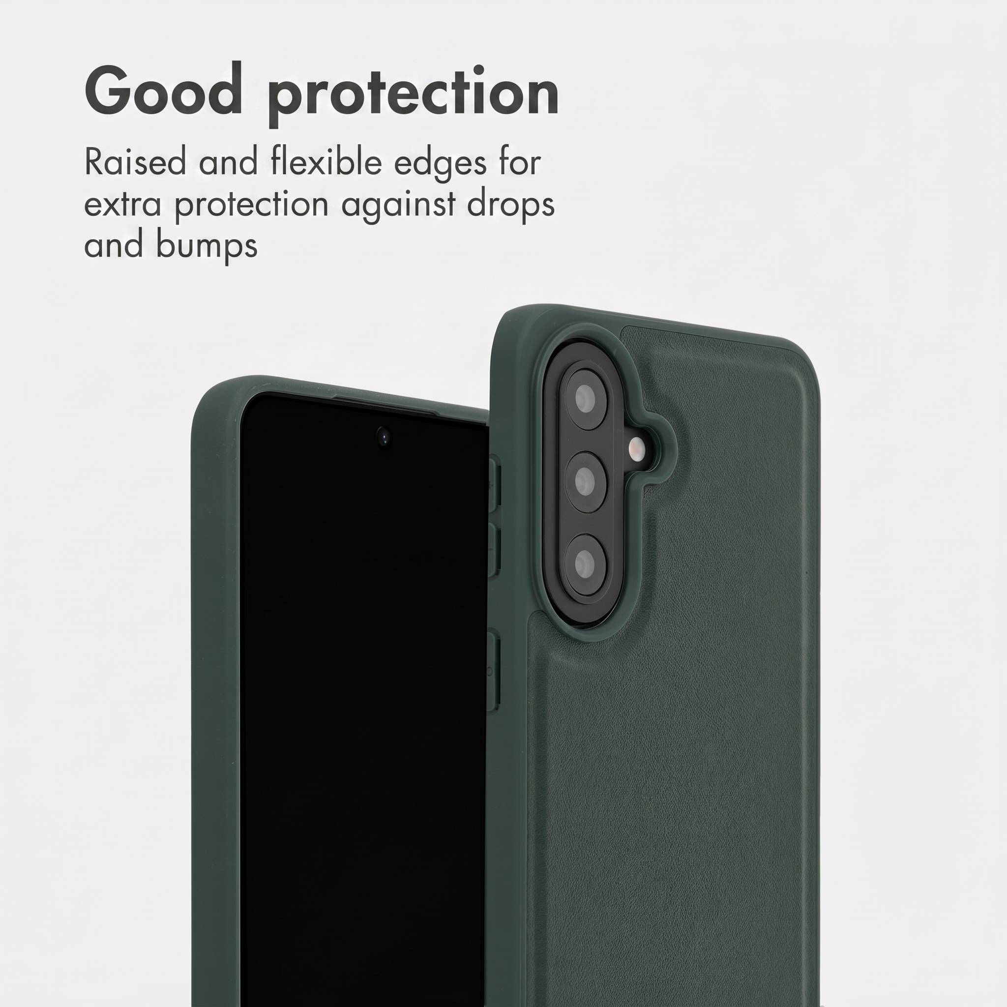 Ein Smartphone in einer dunkelgrünen Schutzhülle mit Text oben, der guten Schutz und erhöhte Kanten zeigt.