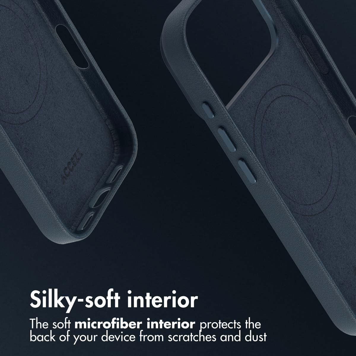 Deux coques bleues montrent l'intérieur en microfibre douce et les boutons. Le texte décrit la protection.