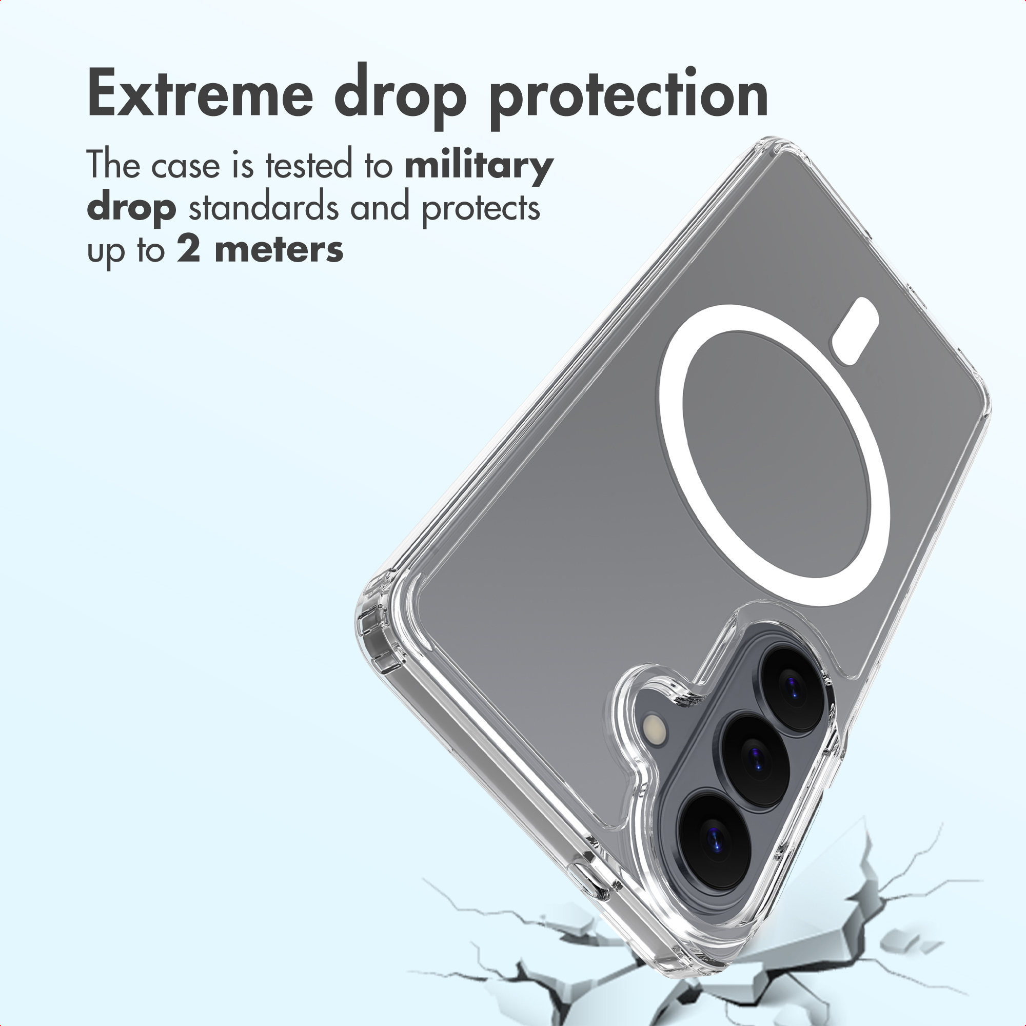 Funda transparente para teléfono con anillo MagSafe y texto sobre protección contra caídas.