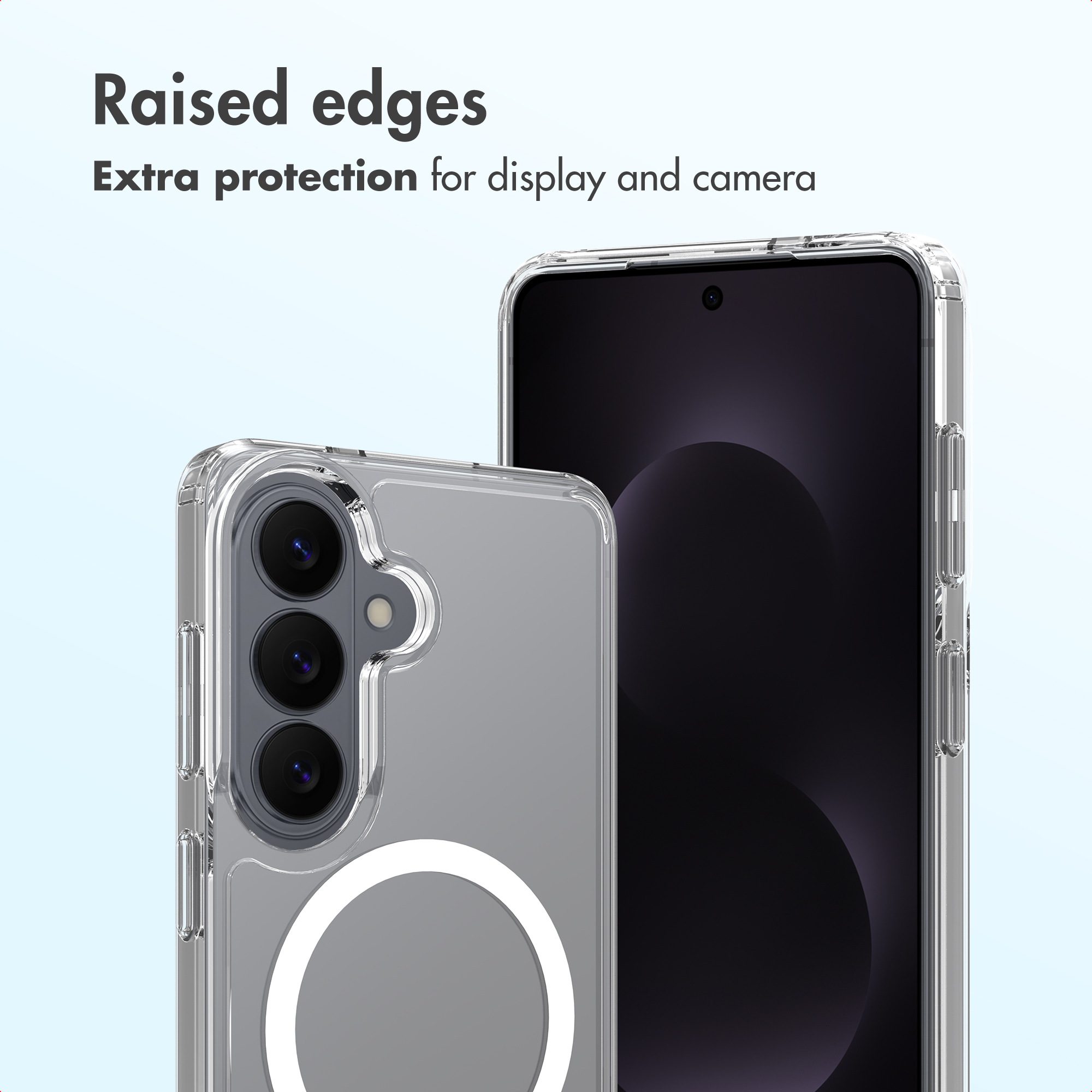 Funda de móvil transparente con bordes elevados para mayor protección.
