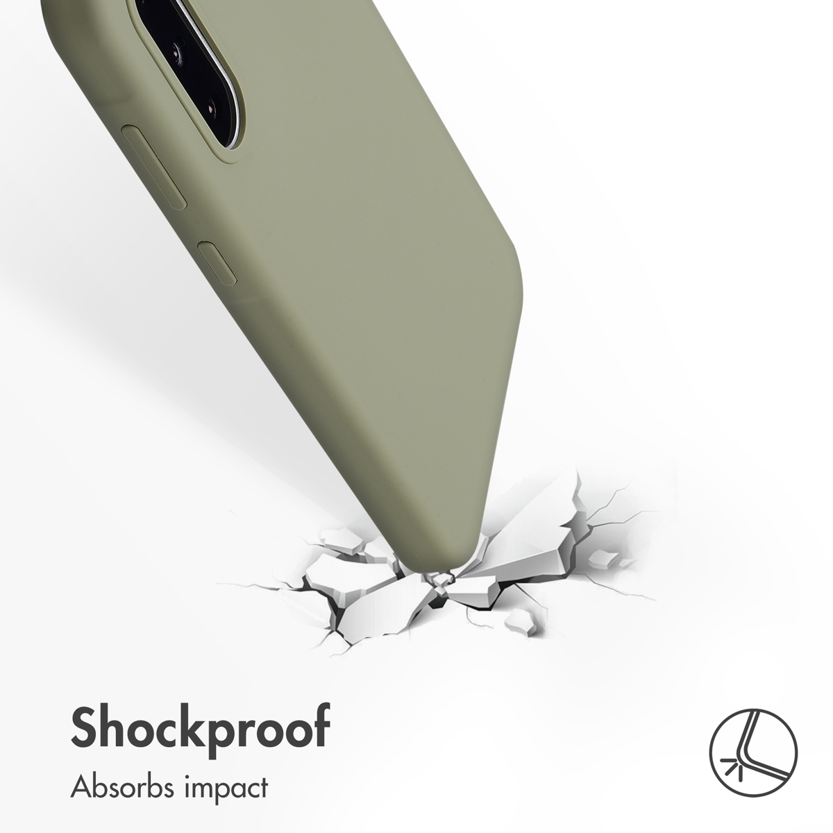 Un telefono verde oliva in una custodia rompe una superficie bianca all'impatto, con la scritta Shockproof.