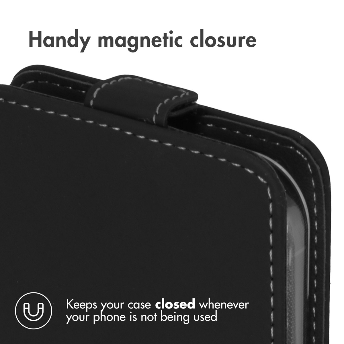 Black phone case with a magnetic closure on top and white stitching.