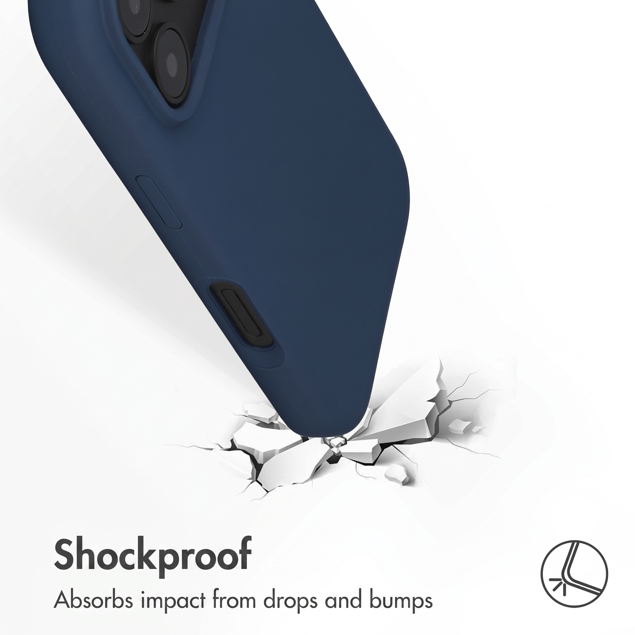 Blauwe smartphonehoes raakt een gebarsten witte oppervlak, vergezeld van de tekst "Shockproof".