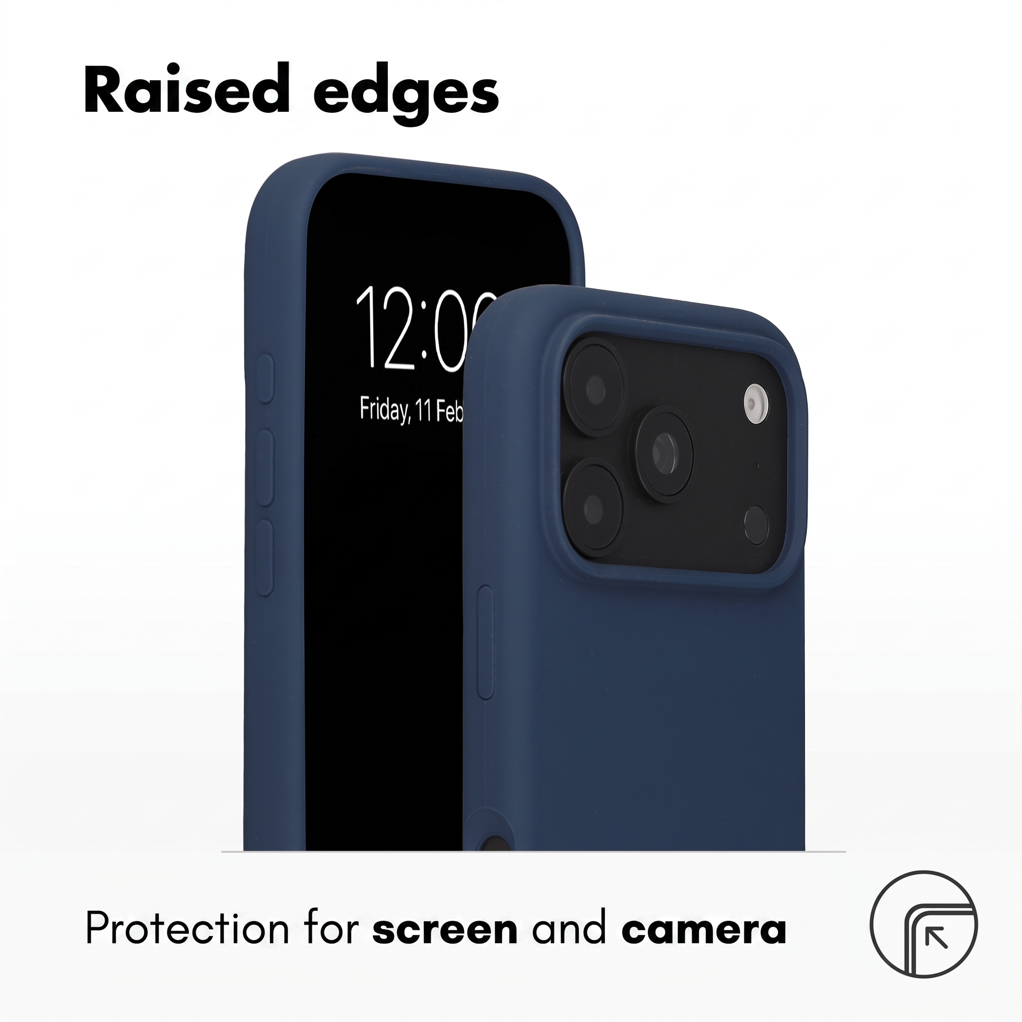 Twee blauwe telefoonhoesjes met opstaande randen voor scherm- en camerabescherming.