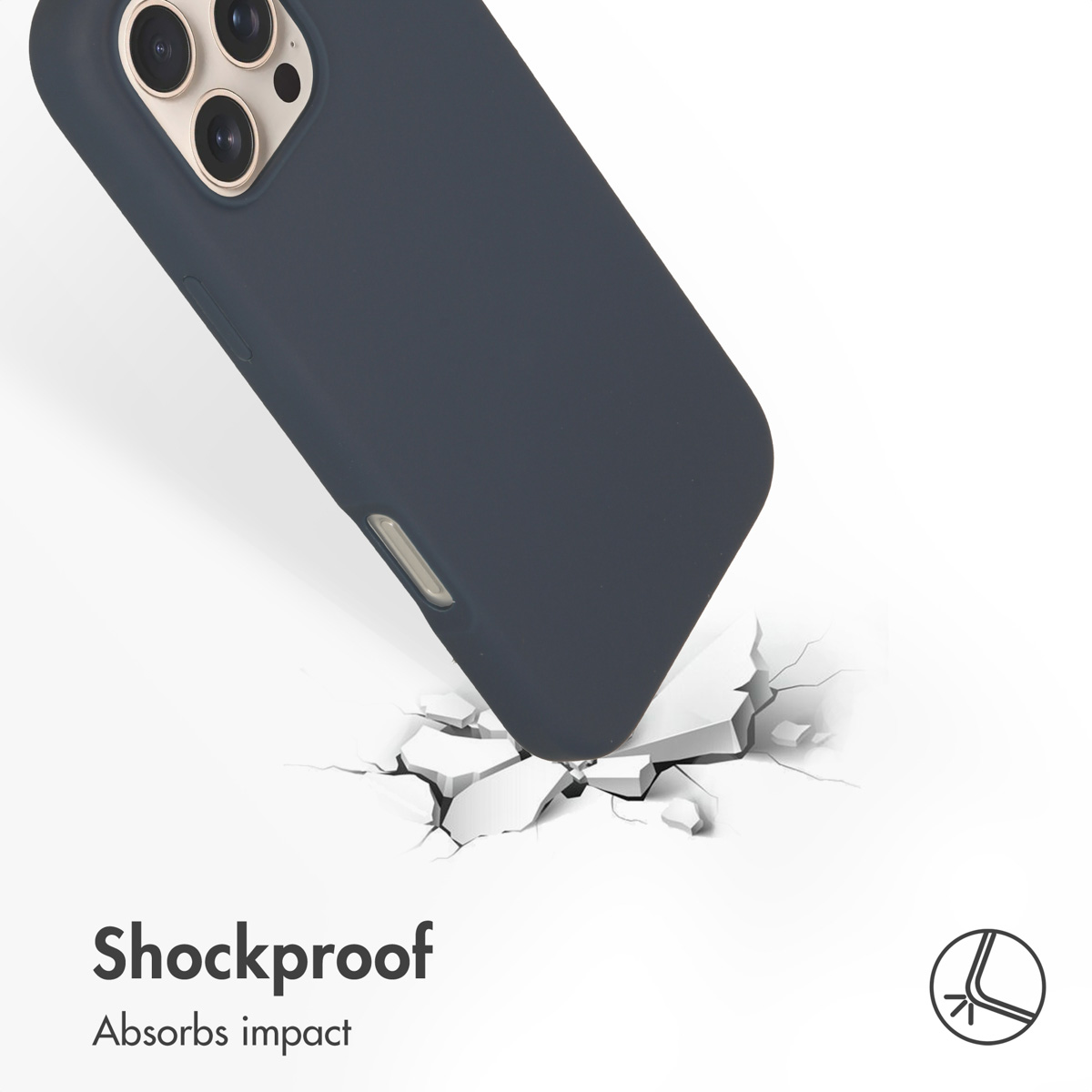 Custodia per telefono blu scuro che colpisce un pavimento rotto con testo Shockproof.