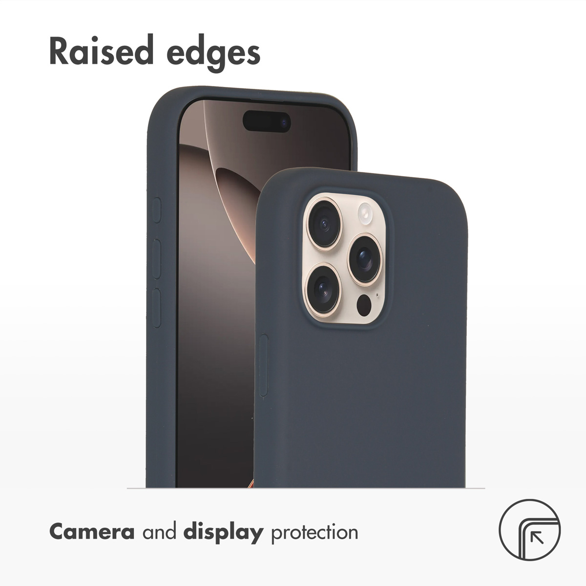 Due cover per telefono grigio scuro con bordi rialzati per la protezione di fotocamera e schermo.