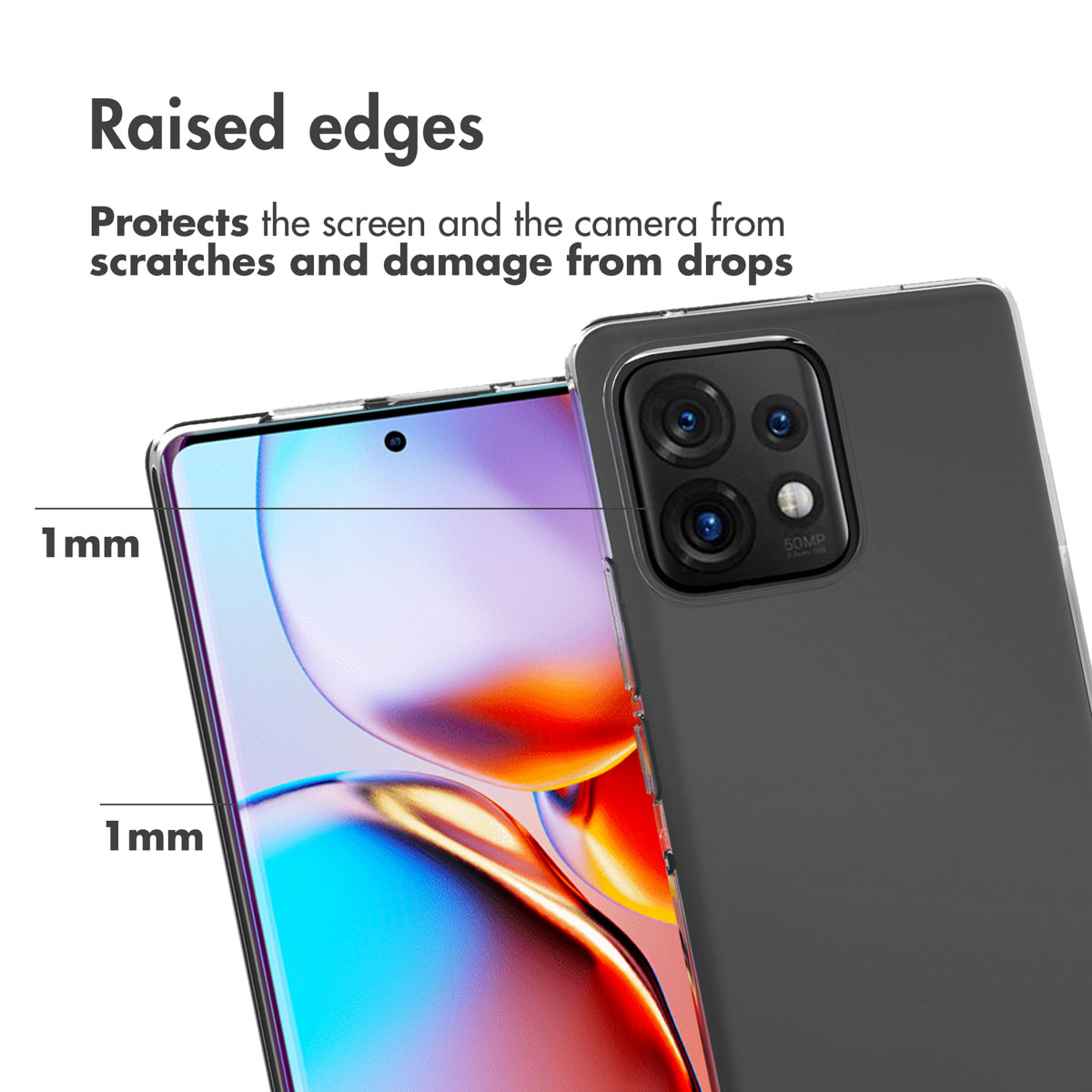 Los bordes elevados de 1 mm protegen la pantalla y la cámara del teléfono contra daños.