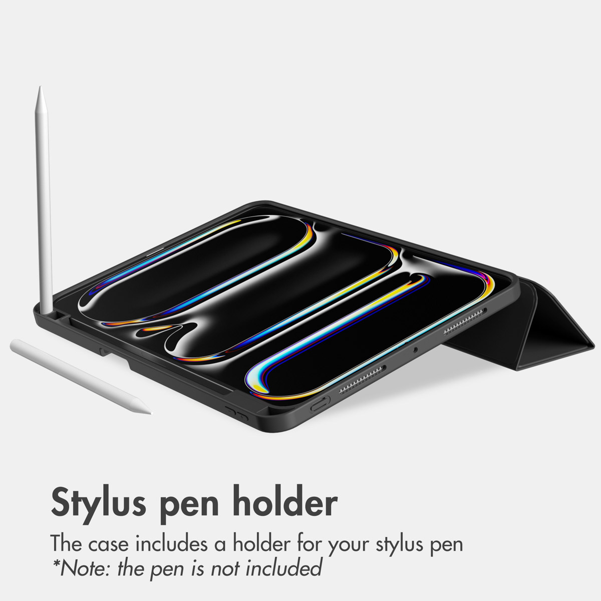 Una custodia nera per tablet con due penne stilo bianche su sfondo bianco.