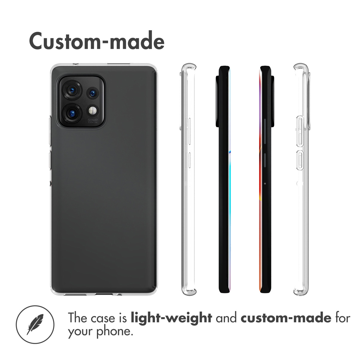 Una funda protectora ligera y hecha a medida que muestra vistas frontales y laterales de un smartphone.