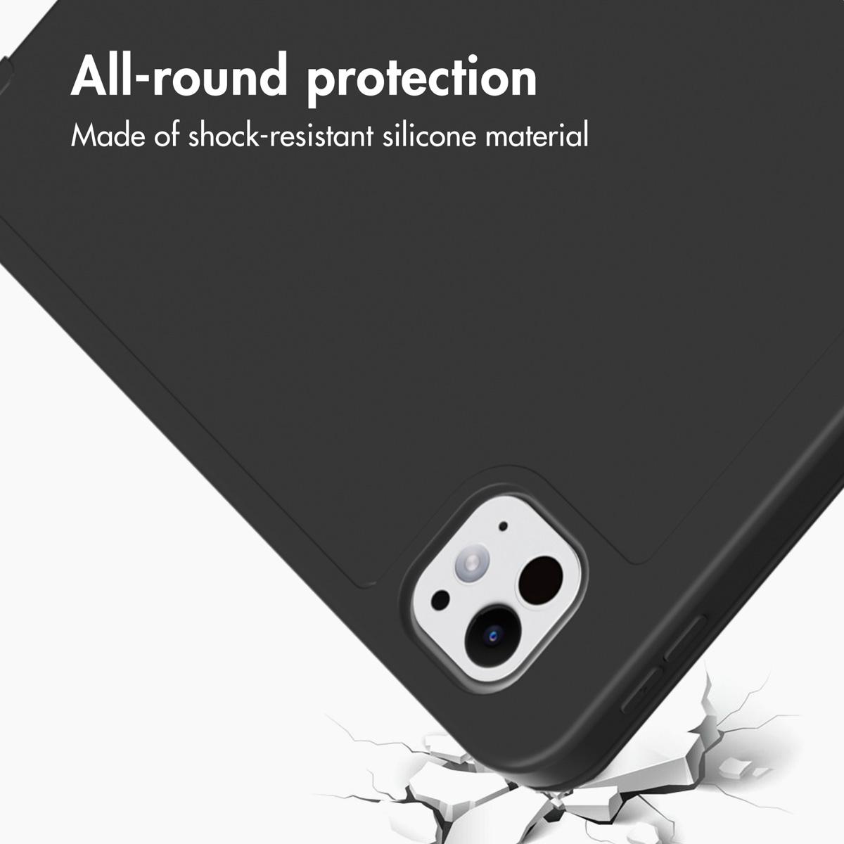 Una custodia nera per tablet con ritaglio per fotocamera protegge un dispositivo da forti impatti su suolo rotto.