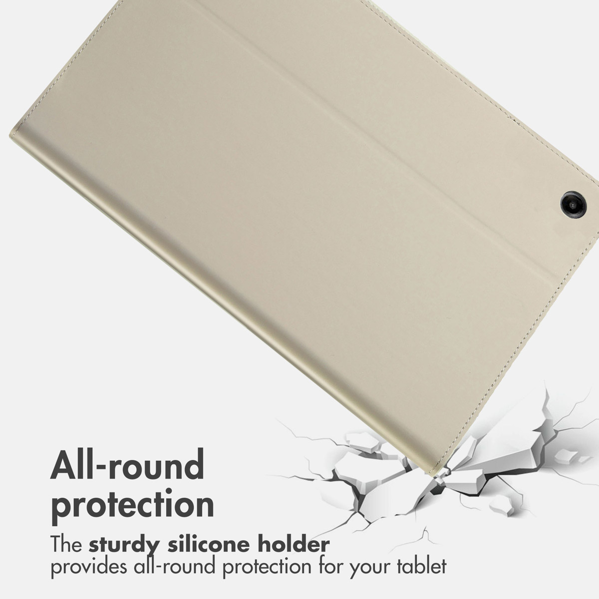 Gold tablet case over cracked surface with text all-round protection.