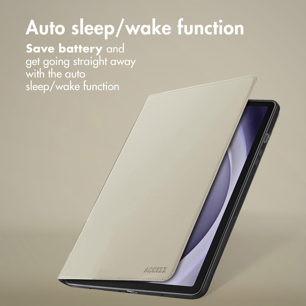 A beige tablet case stands open on a light background with text.