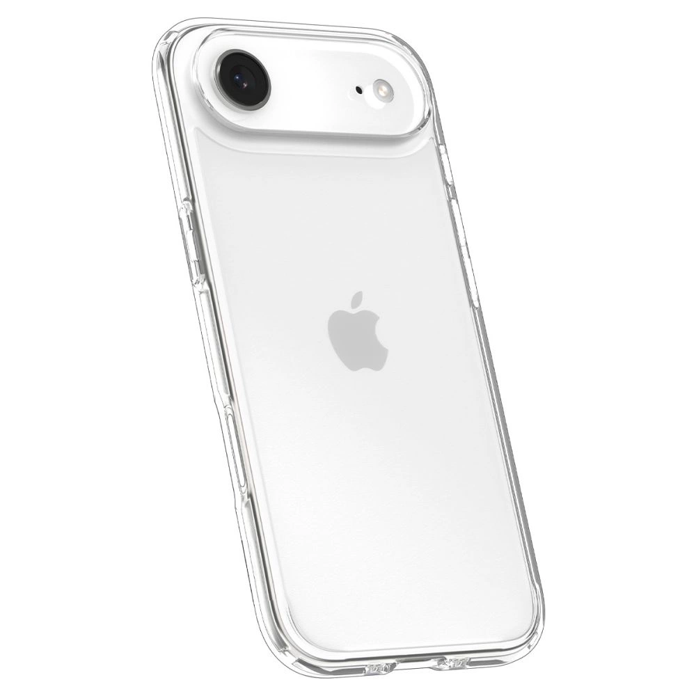 Widok z tyłu iPhone'a w przezroczystym etui ochronnym z widocznym logo Apple.