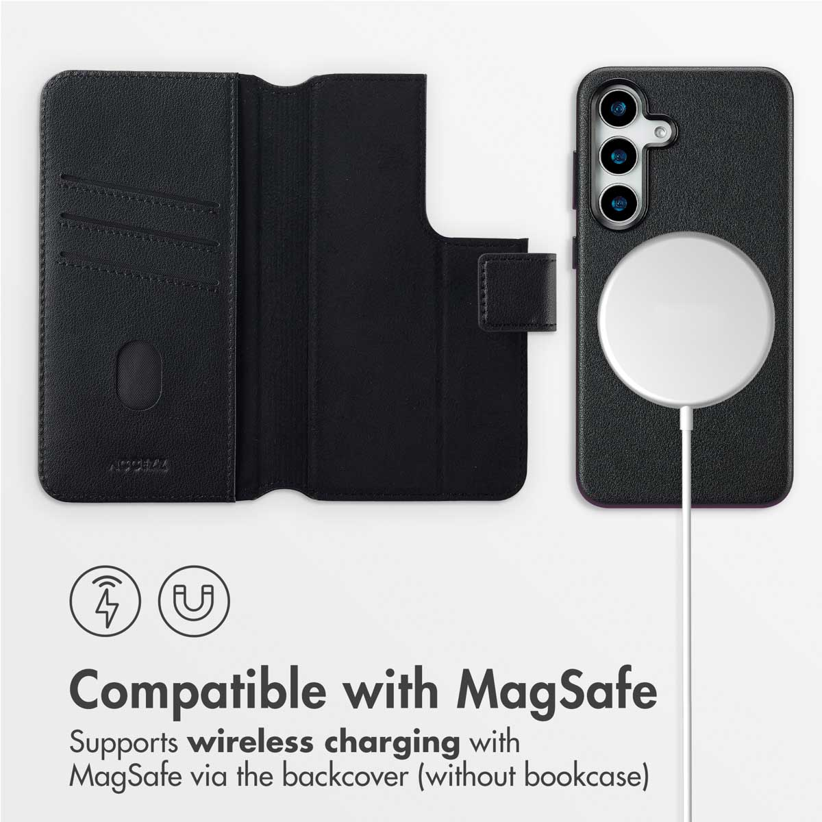 Custodia a portafoglio nera per telefono con caricatore MagSafe, aperta e chiusa, con testo sulla ricarica wireless.