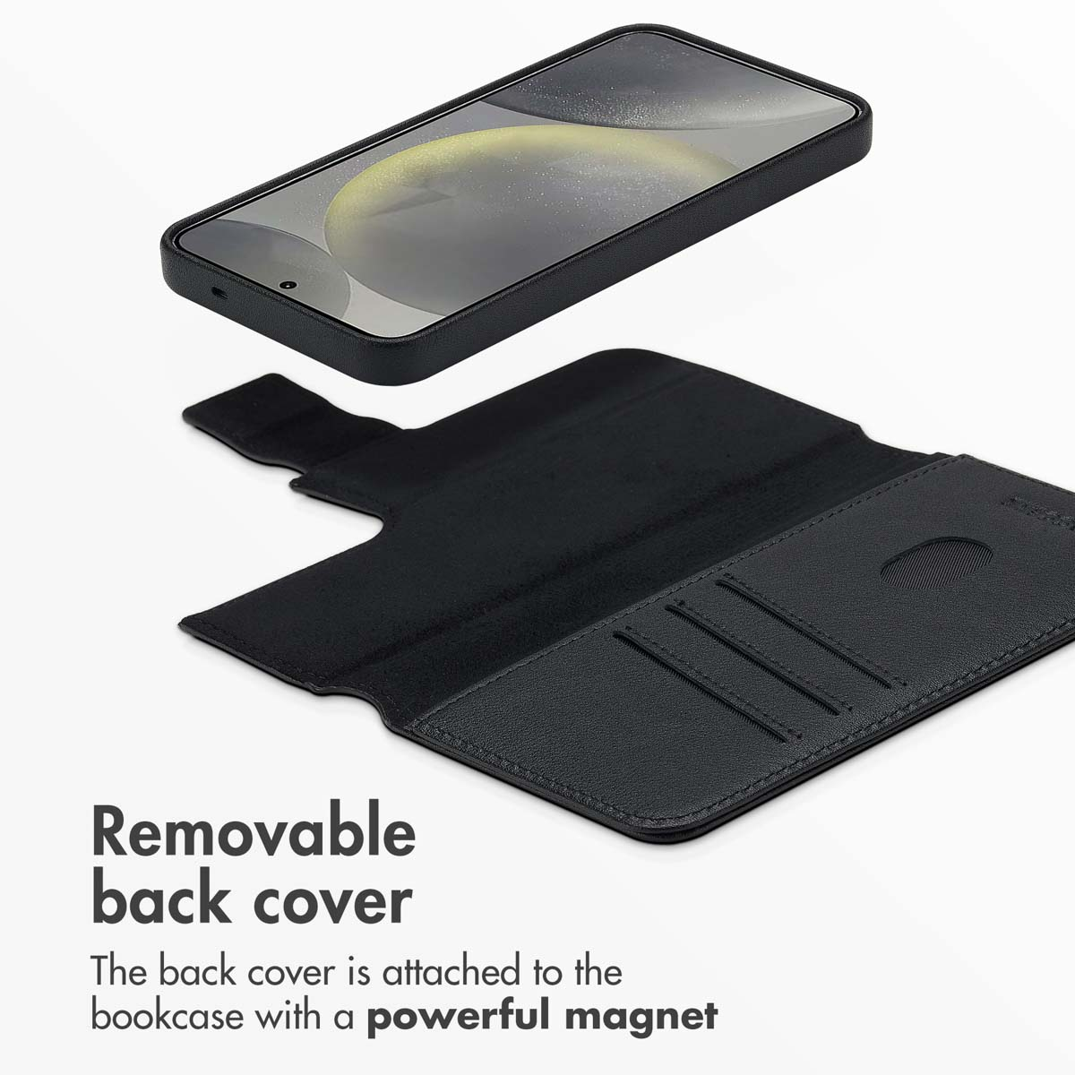Smartphone nero con custodia magnetica rimovibile, tre slot per schede e testo.