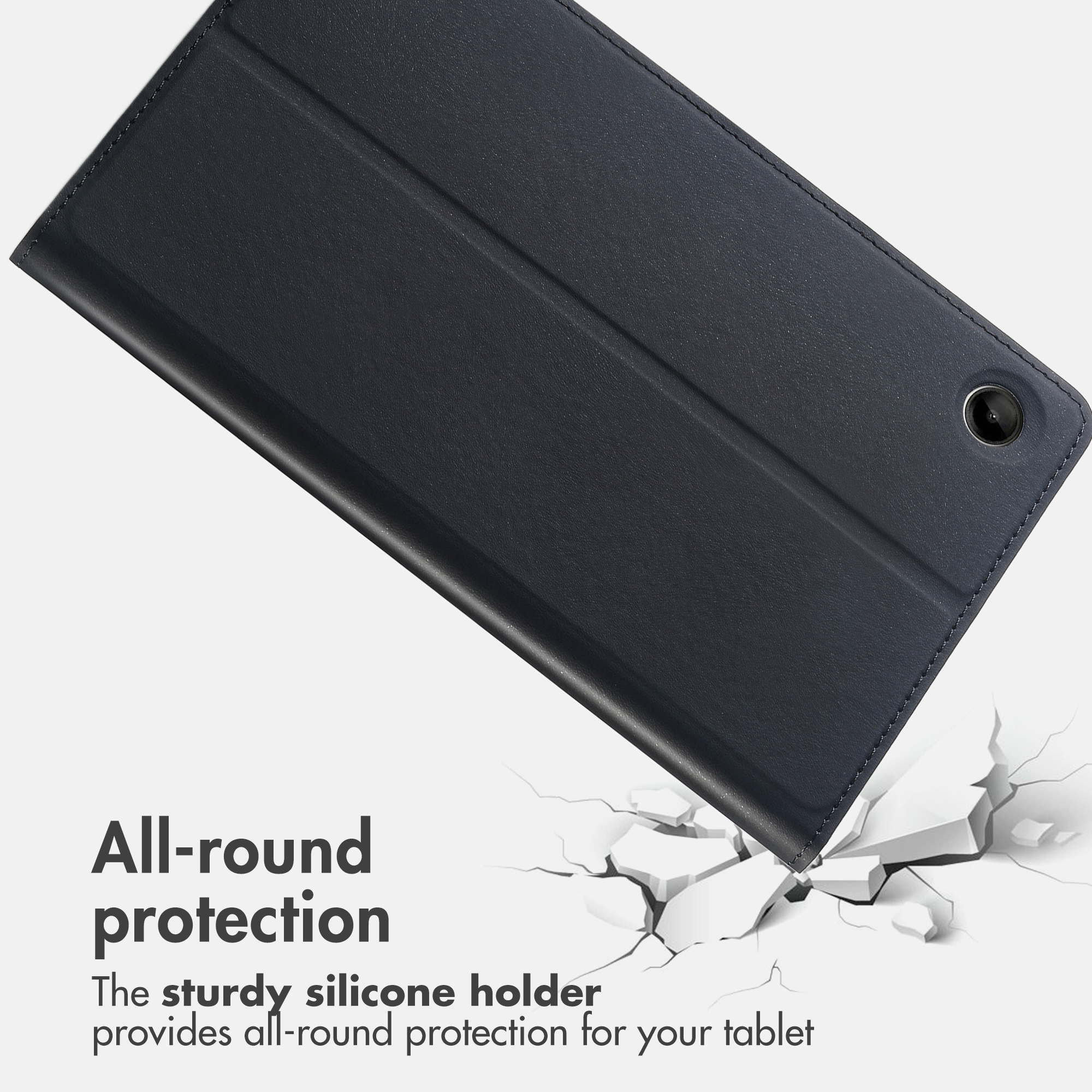 Étui de tablette noir protégeant un appareil au-dessus d'une surface fissurée avec le texte All-round protection.