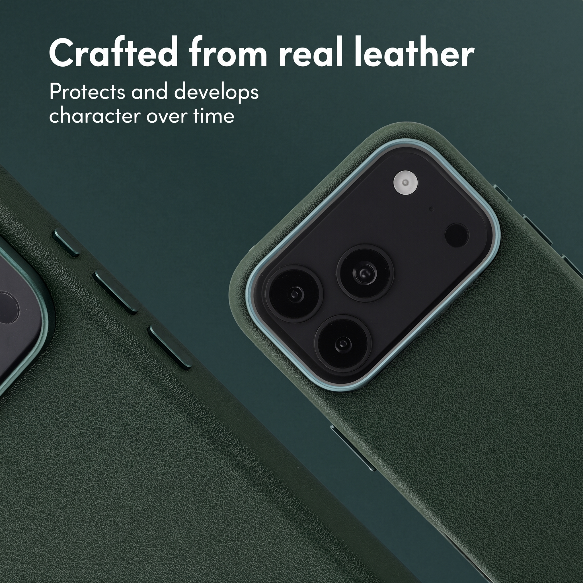 Custodia per smartphone in pelle verde scuro con foro per fotocamera.