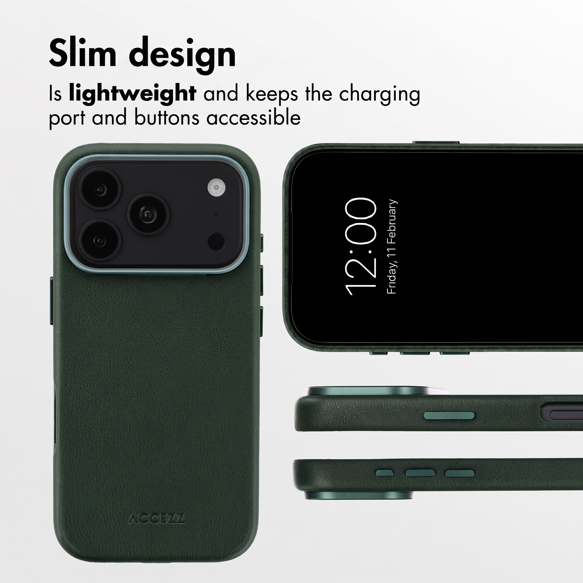 Custodia per telefono verde sottile con aperture per fotocamera e pulsanti.